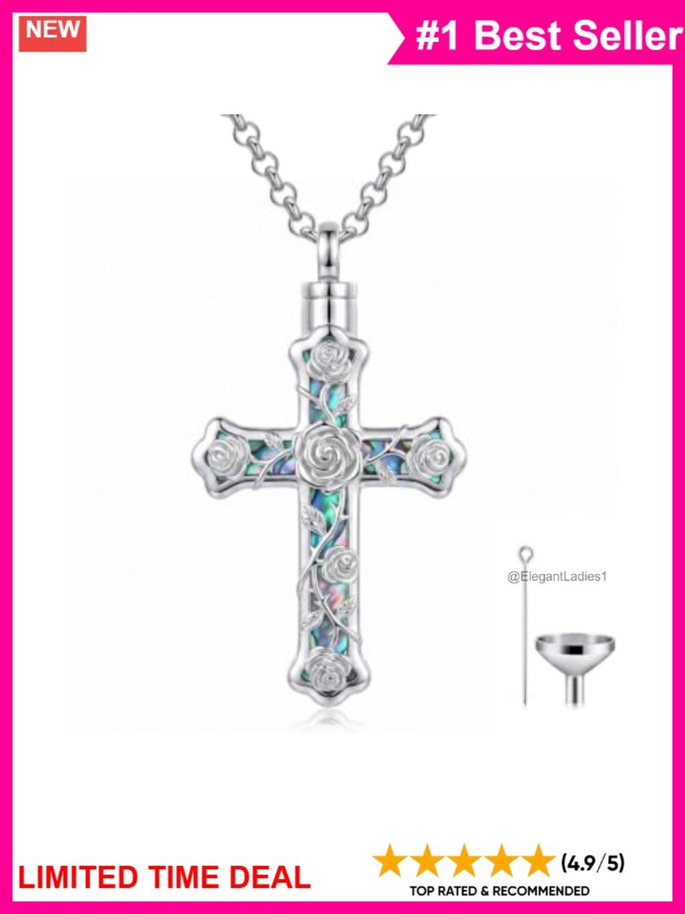 925 Sterling Silver Cross Urn Necklace Abalone Shell Memorial Jewelry 20in Chain